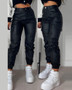 Women Zip Pleated Pockets Casual PU-Leather Pants