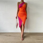 Spring Fashion Diagonal One Shoulder Suspender Dress Ribbed Contrasting Color Tight Fitting Slit Dress