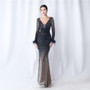 Women Ostrich Feather Gradient Sequins Long Sleeve Evening Gown