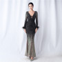 Women Ostrich Feather Gradient Sequins Long Sleeve Evening Gown