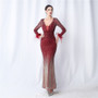 Women Ostrich Feather Gradient Sequins Long Sleeve Evening Gown