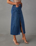 High Waist Slit Washed Denim Mid-Length Skirt For Women