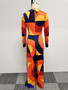 Sexy Slim Deep V Printed Wide Leg Turndown Collar Slim Waist Long Sleeve Jumpsuit