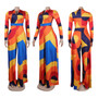 Sexy Slim Deep V Printed Wide Leg Turndown Collar Slim Waist Long Sleeve Jumpsuit