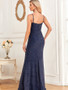 Women elegant suspender v-neck pleated shiny bright fishtail evening dress