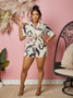 Abstract Print Bra Loose Shirt Tight Fitting Shorts Plus Size Three Piece Set