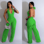 Fashion Women's Solid Color Low Back Deep V Halter Neck Jumpsuit