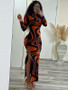 Women Print Half Turtle Neck Long Sleeve Slit Maxi Dress