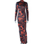 Women Print Half Turtle Neck Long Sleeve Slit Maxi Dress