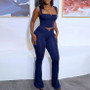 Sexy Solid Color Straps V Crop High Waist Elastic Solid Color Micro Two Piece Pants Set