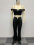 Sexy Solid Color Straps V Crop High Waist Elastic Solid Color Micro Two Piece Pants Set