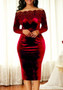 Women'S Chic Career Velvet Off Shoulder Solid Color Lace Patchwork Mid Length Bodycon Dress