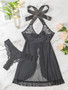 Women Temptation Lace Bow See-Through Nightgown Sexy Lingerie Two-piece Set