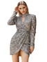 Women leopard print v-neck high waist pleated bud skirt French puff sleeve dress