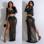 Fashion Women's Solid Color Mesh Beaded Long Sleeve Top Long Skirt Two Piece Set