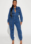 Stylish Street Style Slim Waist Tight Fitting Multi-Pocket Elastic Waist Denim Cargo Jumpsuit