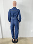 Stylish Street Style Slim Waist Tight Fitting Multi-Pocket Elastic Waist Denim Cargo Jumpsuit