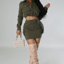 Women Turndown Collar Long Sleeve Pocket Top and Skirt Two-piece Set