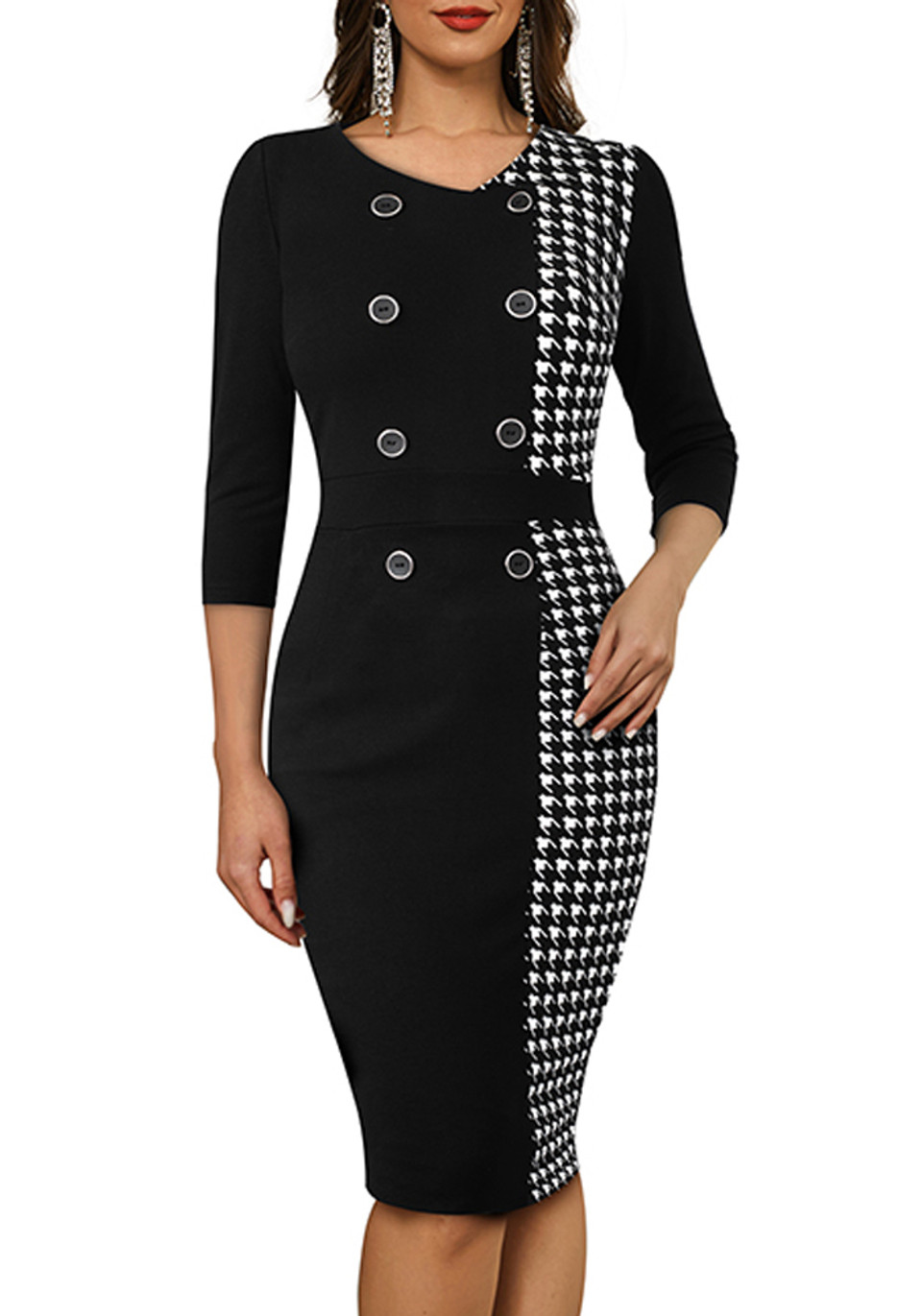 Women Patchwork Button Houndstooth Career Dress The Little Connection