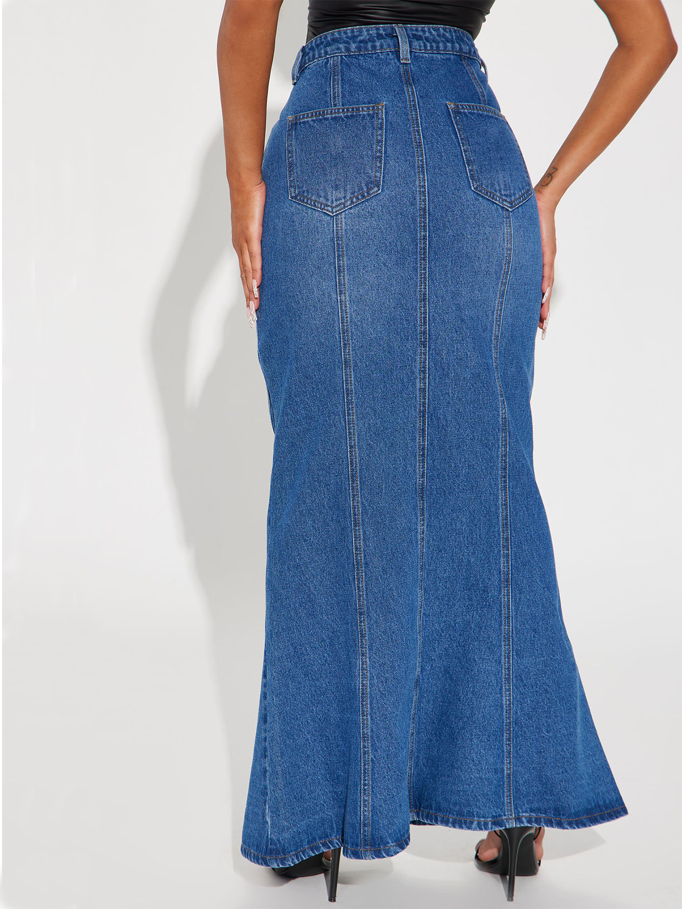 Juuri - High Waist Studded Washed Asymmetrical Denim Maxi Mermaid Skirt |  YesStyle