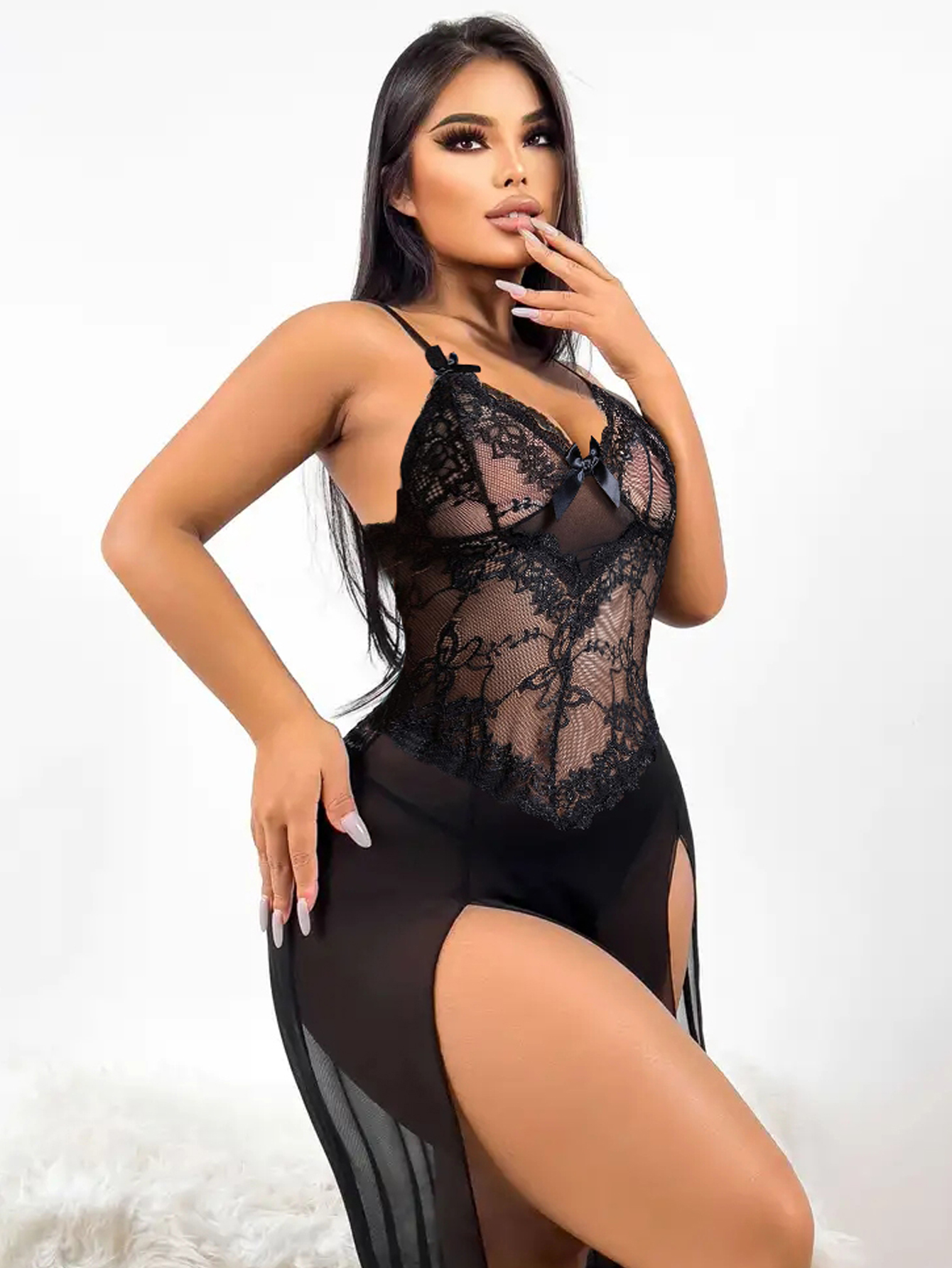 Sexy Lingerie See Through Front Slit Ribbon Straps Night Dress