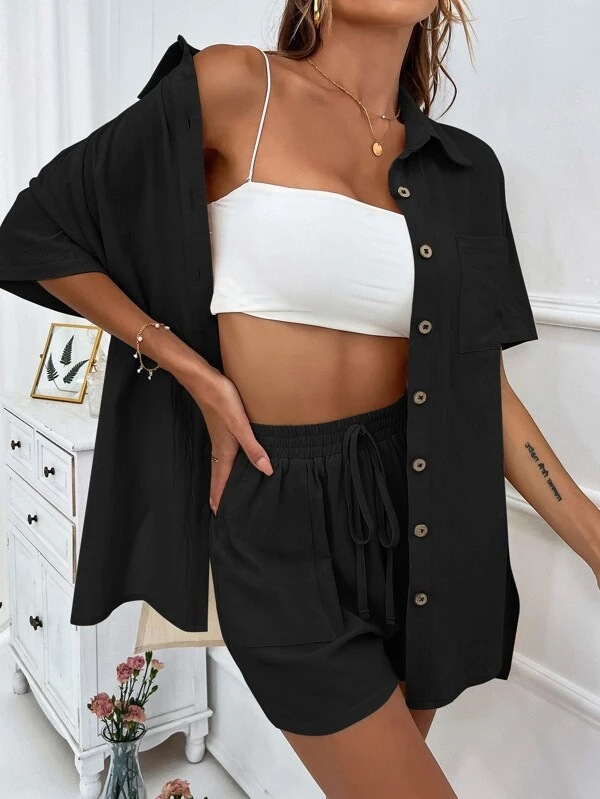 Women Solid Short Sleeve Shirt and Shorts Two-Piece Set - The Little  Connection