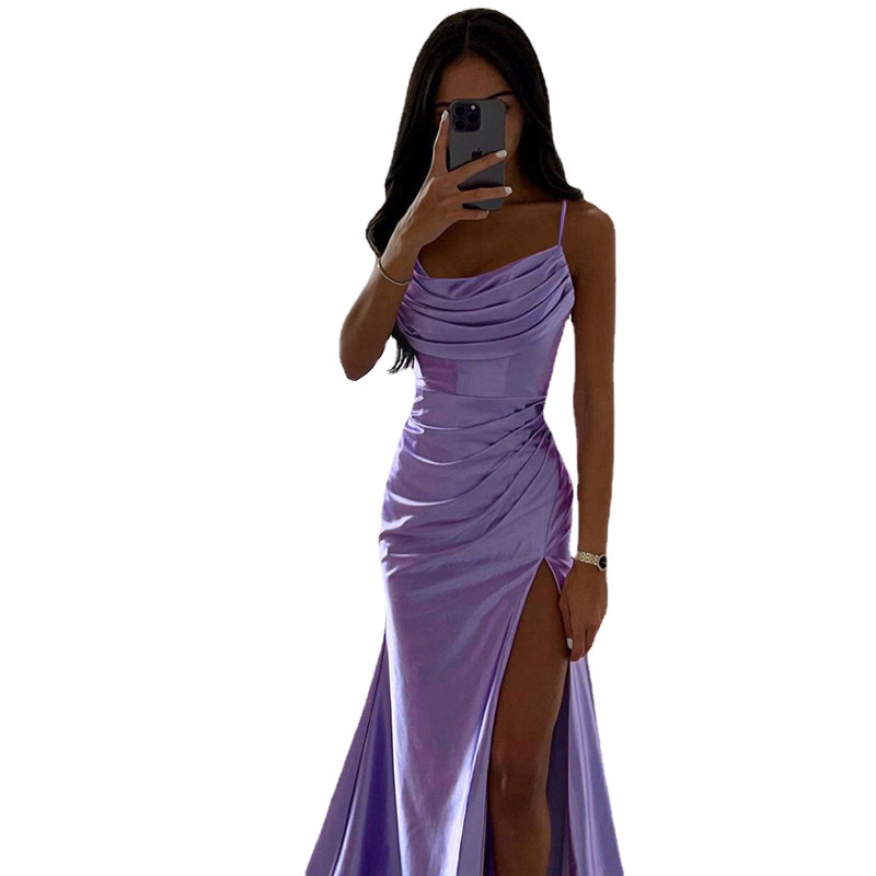 Spring Strapless Gathered Slit Satin Dress Sexy Slim Bodycon Dress