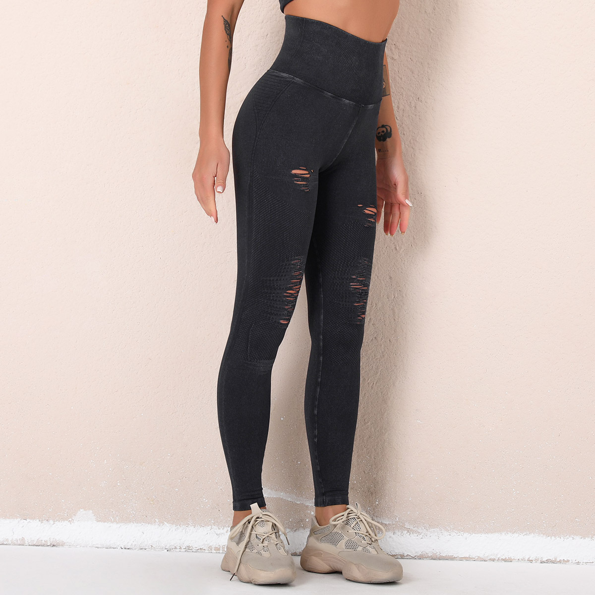 Women Washed Ripped Cutout Seamless High Waist Sports Yoga Pants