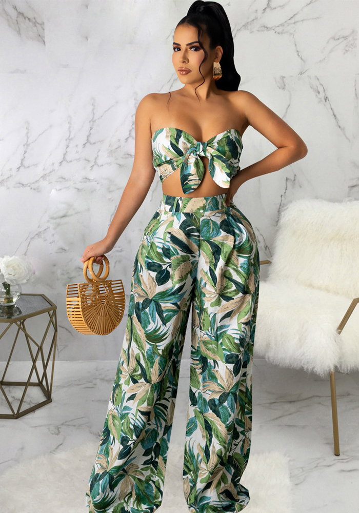 Women Sexy Crop Top and High Waist Leaf Print Loose Two Piece Pants Set -  The Little Connection