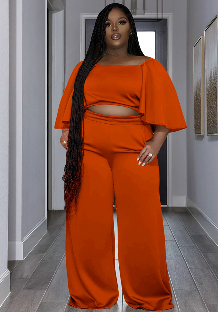 Plus Size Outfits for Women 2 Piece Cotton Linen Lightweight Summer Casual  Loose Tops Wide Leg Pants Lounge Sets (4X-Large, Orange) 