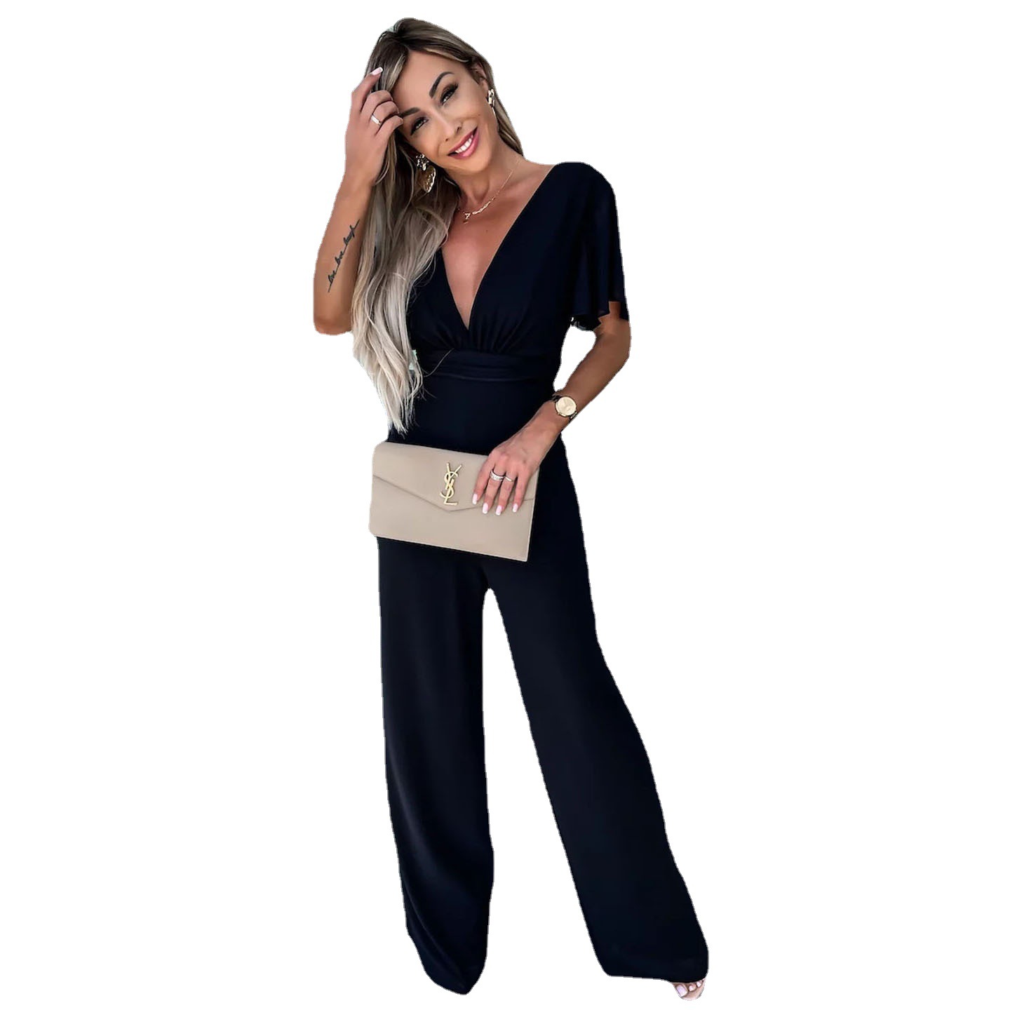 Spring Summer V Neck Casual Short Sleeve Loose Holidays Wide Leg Jumpsuit  Women - The Little Connection