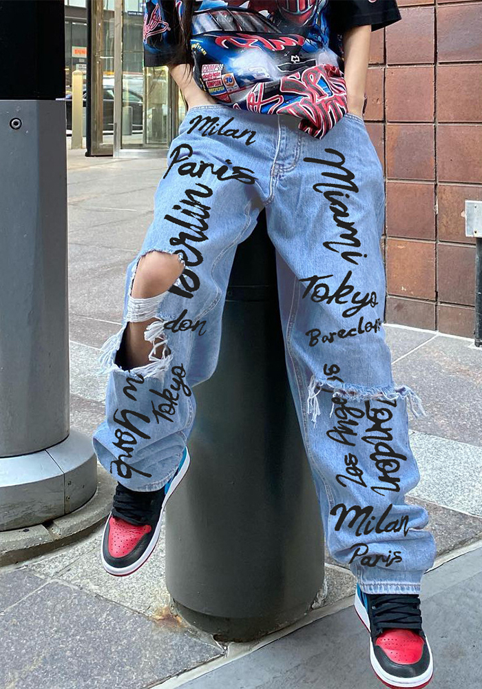 Letter Print Ripped Hip Hop Street Denim Pants - The Little Connection