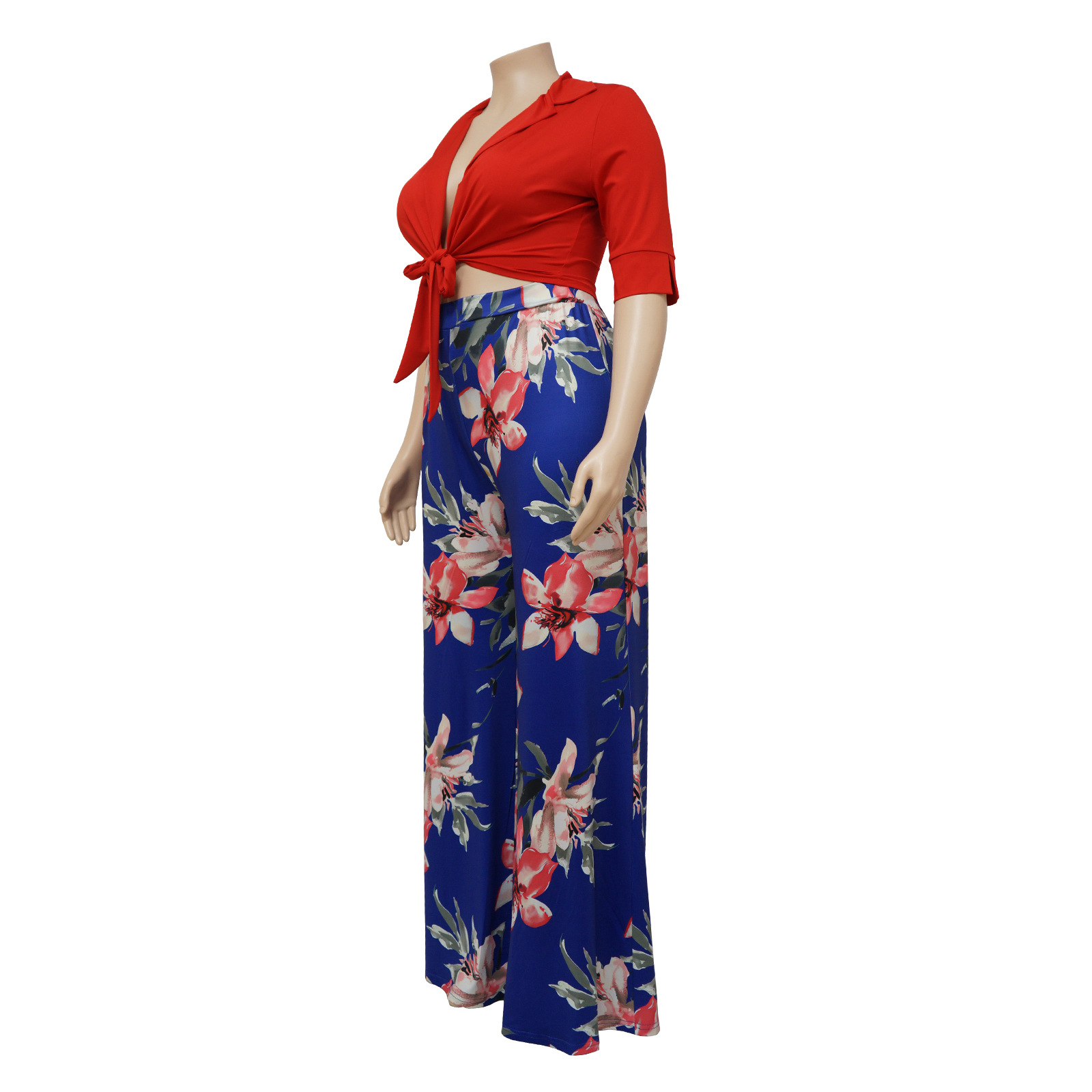 Women'S Plus Size Solid Color Tie Top Floral Print Loose Pants Two Piece Set  - The Little Connection