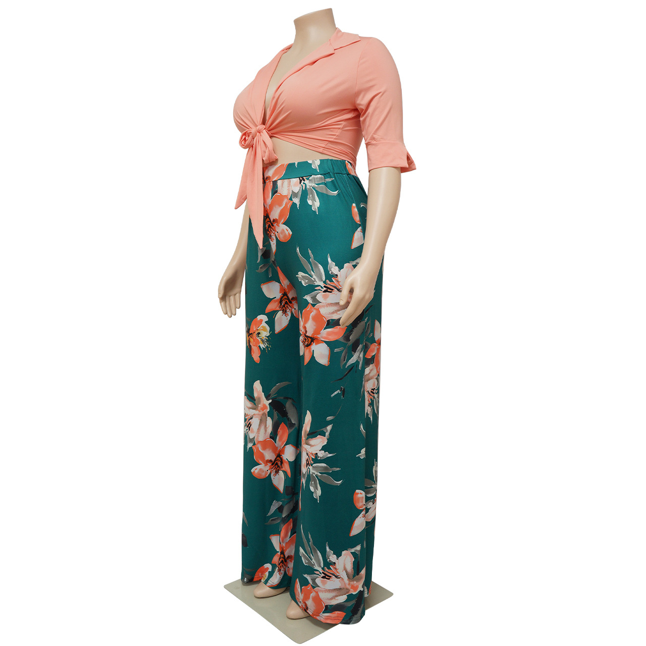 Women'S Plus Size Solid Color Tie Top Floral Print Loose Pants Two Piece Set  - The Little Connection