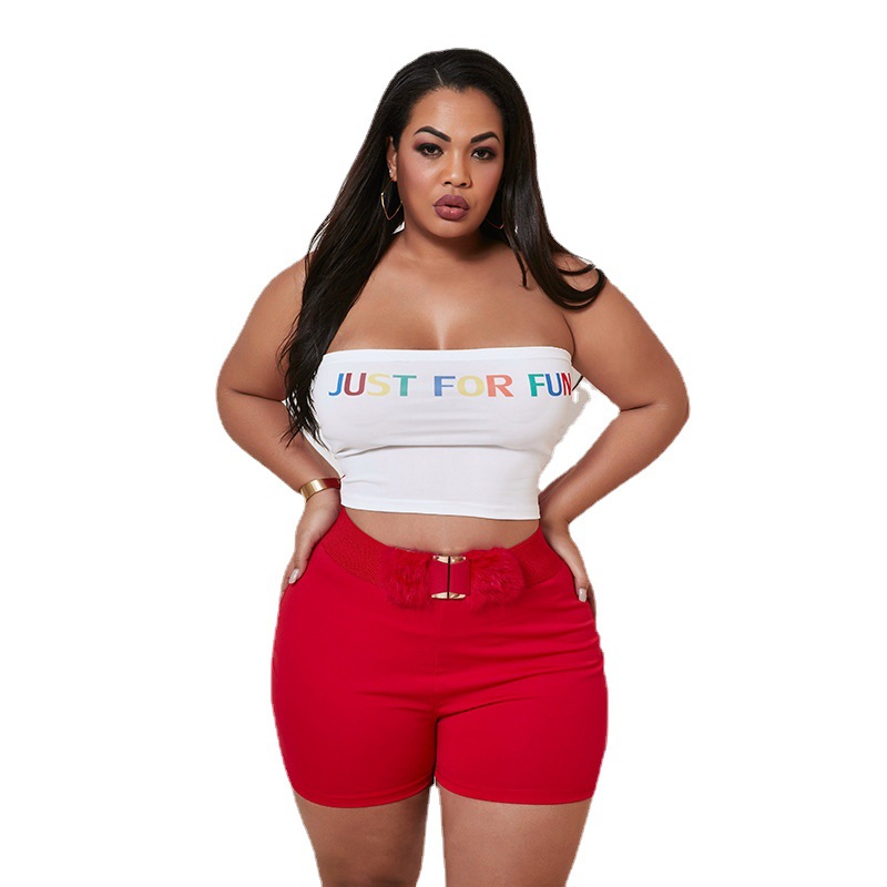 Plus Size Women Sexy Letter Print Top and Shorts Two-Piece Set