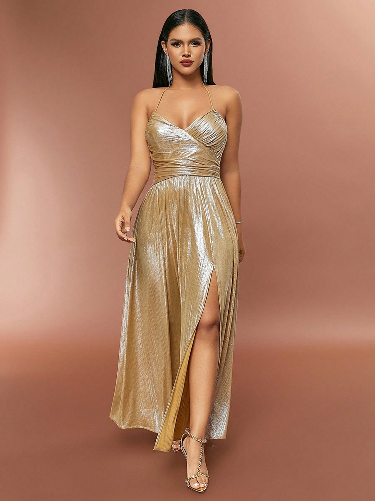 Spring Strapless Gathered Slit Satin Dress Sexy Slim Bodycon Dress