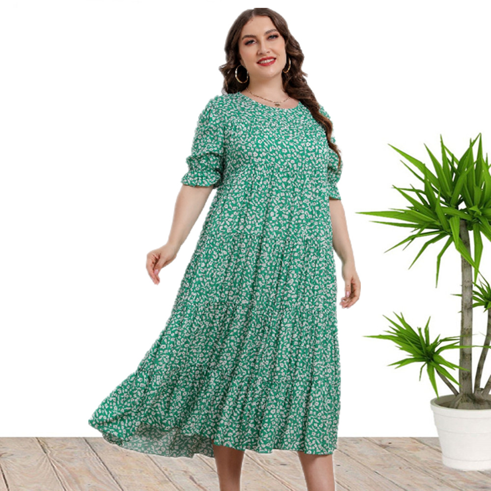 Plus Size Women Printed Drawstring Short Sleeve Loose Dress