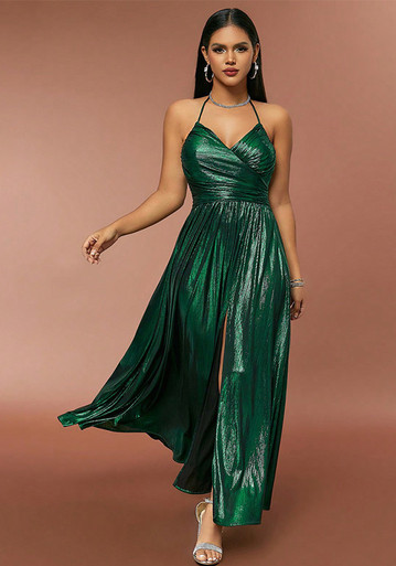 Spring Strapless Gathered Slit Satin Dress Sexy Slim Bodycon Dress