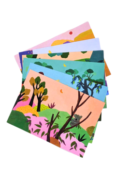 Discover the heart of Australia through the enchanting brushstrokes of Elaine Li's inspired illustrations. This set of 6 postcards captures the essence of Australia, each artwork a vivid glimpse into its diverse landscapes, flora, and fauna.