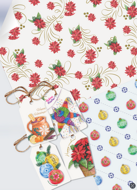 A flat, overhead view of the SisterWorks Folklore Holiday Gift Paper Pack, showing two sheet of wrapping paper folded, alongside the four matching gift tags. The paper features a vibrant, repeating pattern of poinsettias, festive stars, and folk art motifs. A flat, overhead view of the SisterWorks Folklore Holiday Gift Paper Pack, showing two sheet of wrapping paper folded, alongside the four matching gift tags. The paper features a vibrant, repeating pattern of poinsettias, festive stars, and folk art motifs.