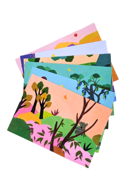 Discover the heart of Australia through the enchanting brushstrokes of Elaine Li's inspired illustrations. This set of 6 postcards captures the essence of Australia, each artwork a vivid glimpse into its diverse landscapes, flora, and fauna.