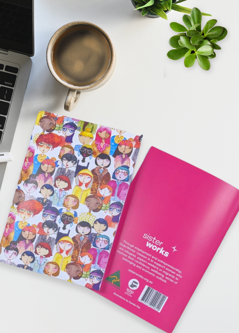 A front-facing view of the SisterWorks Melbournians Notebook. The notebook features an artistic illustration of Melbourne multicultural diversity. The SisterWorks logo is visible, signifying its origin as a locally made, ethical product.