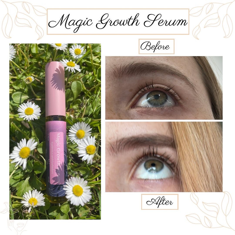 Magic Growth Serum Eyebrows & Eyelashes 
With these magical ingredients, visible results are achieved within 1 month of regular use. How to Use: Apply at least 4 times this week, applying generously to the eyebrows, shaping them and then combing the eyelashes with the product with a brush. Avoid direct eye contact. Leave the product on overnight and wash eyebrows and eyelashes with mild soap and water the next day. Ingredients: Coconut Oil, Olive Oil, Avocado Oil, Rosemary Oil, Castor Oil, Fenugreek Oil, Rose Oil and Vitamin E.