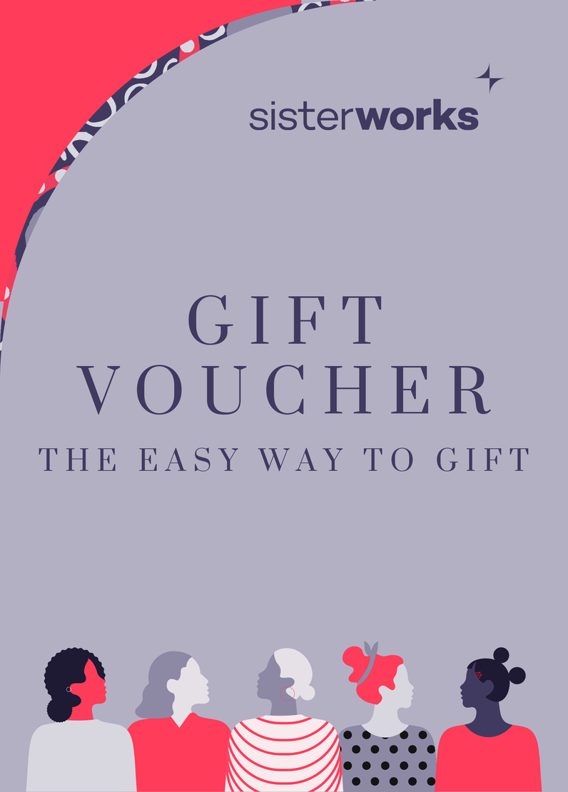 A clean and modern digital gift voucher design featuring the SisterWorks logo and vibrant cultural patterns. The text reads 'Gift Voucher: The easy way to gift,' highlighting the social impact of the voucher.