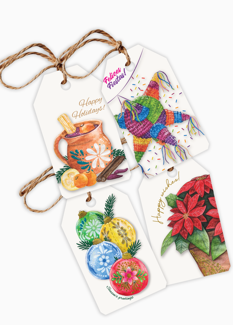 A flat lay image displaying the gift tags of the SisterWorks Folklore Holiday Gift Paper Pack, with all 4 gift tags showcasing the colourful, cultural-inspired design by Mexican designer Fernanda Rodriguez