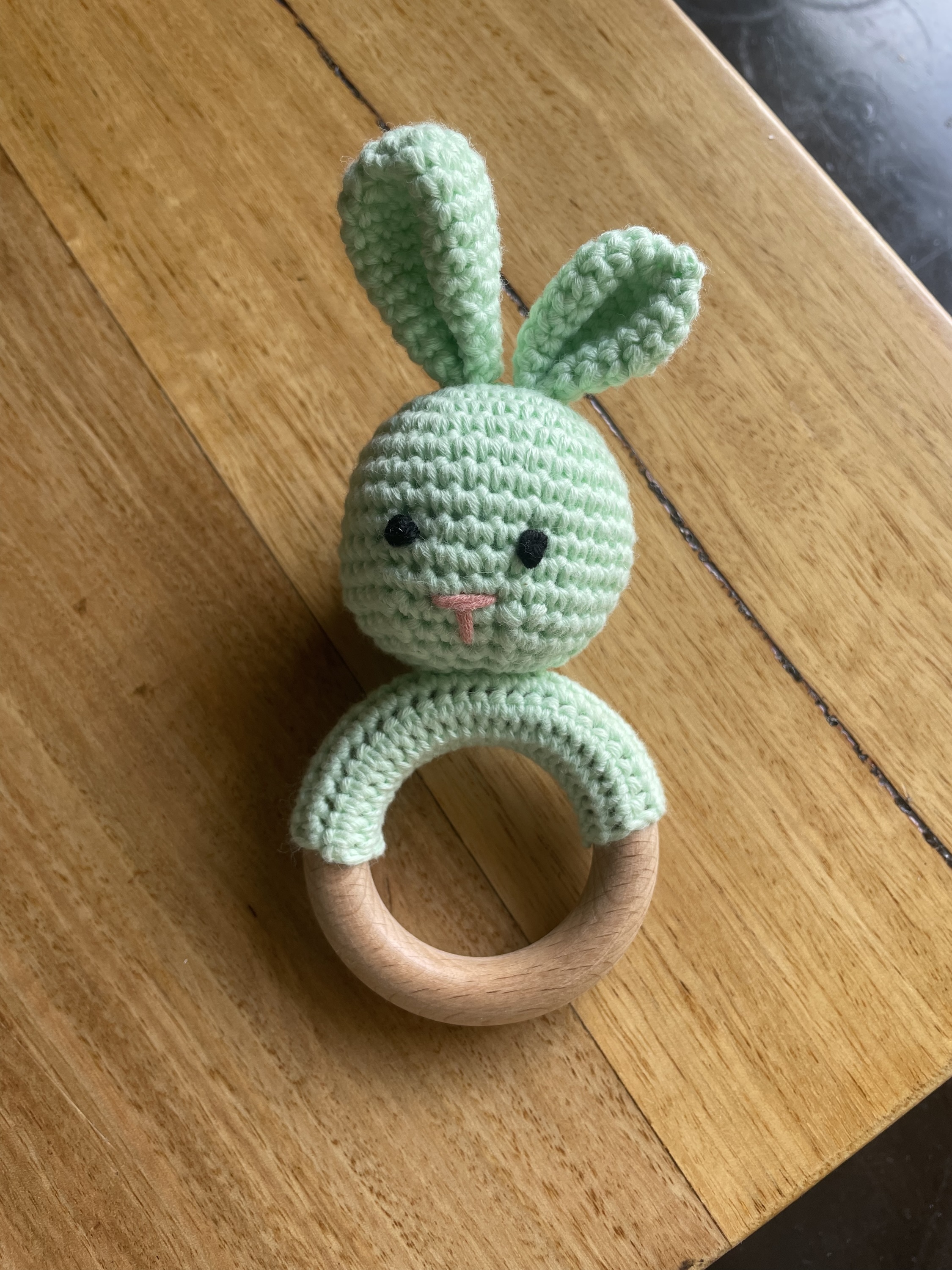 These rattly toys are crafted with care from soft cotton yarn, making them ideal for cuddling. The eyes of the rabbits are stitched with thread, so there is no risk of choking on small parts. Babies will love playing with these adorable and safe toys.