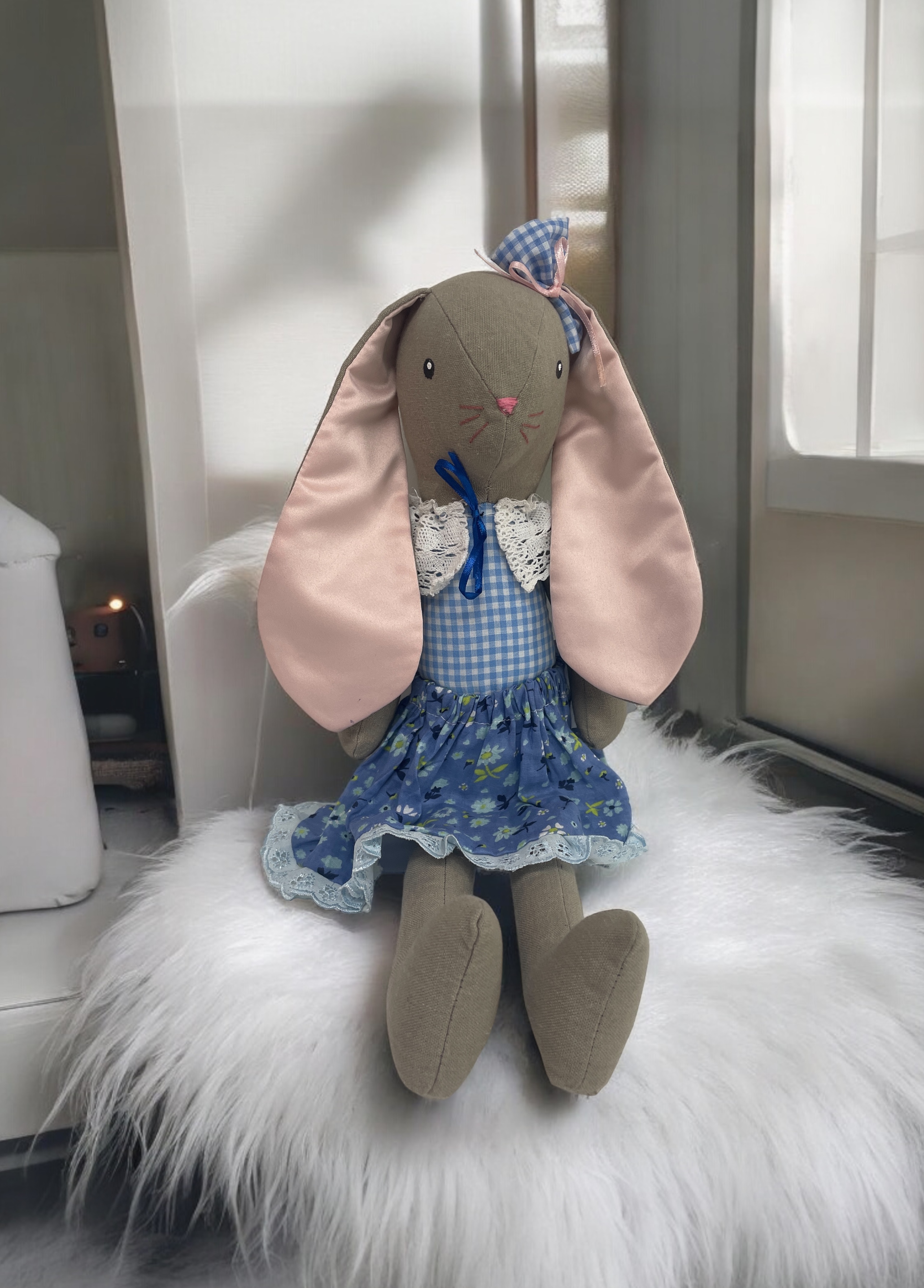 Sofia, The Long legs Soft Bunny Doll Bunny With Blue Flower Dress