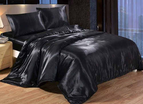 7-Piece King/Queen Black & Silver Satin Duvet Comforter Cover Bedding Set with Roses