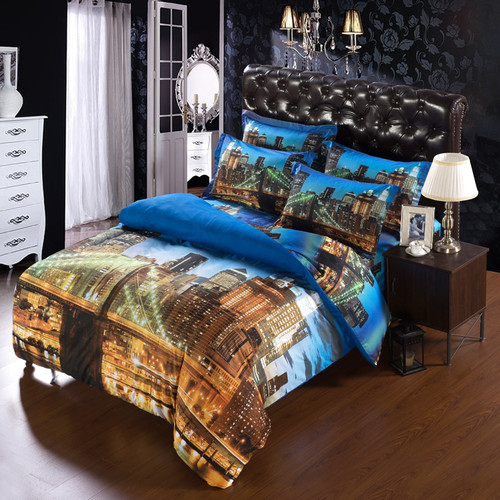 Queen Comforter Cover 3D Duvet Bedding Sets Blue & Brown City Bridge