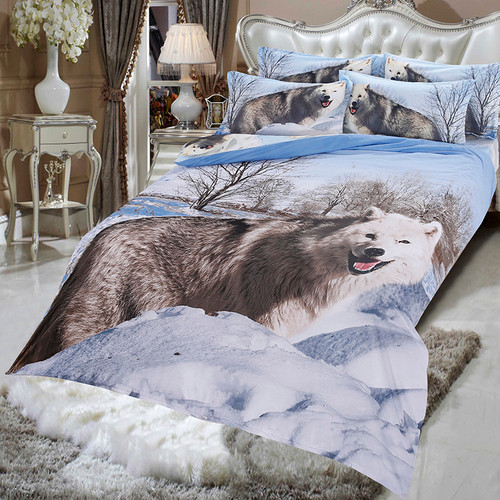 King Comforter Cover 3D Duvet Bedding Sets Light Blue Sky & White Wolf